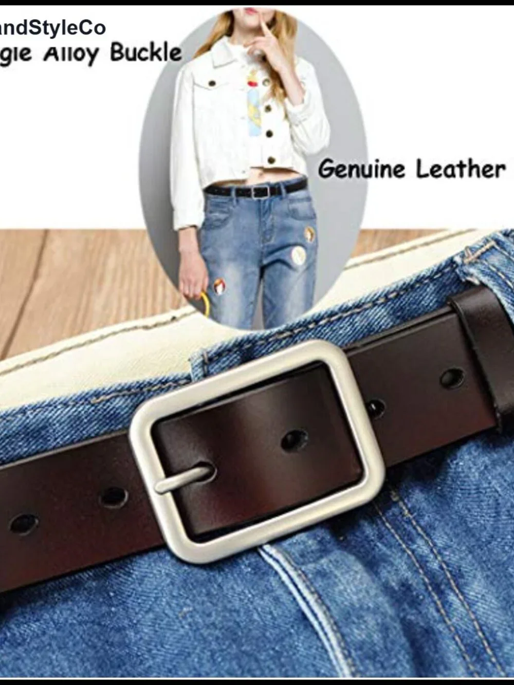 Genuine Leather Belt for Women with Removable Buckle